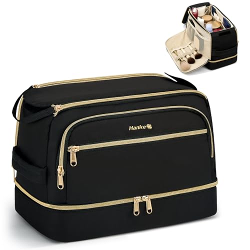 Hanke Travel Toiletry Bag, Wide-Open Dual-Layer Water Resistant Makeup Bag - color: Black