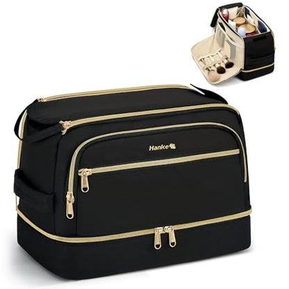 Hanke Travel Toiletry Bag, Wide-Open Dual-Layer Water Resistant Makeup Bag - color: Black