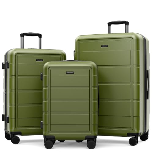 SHOWKOO G-Series Luggage set 3pcs, 100% PC Durable Hardshell Suitcase - color: Olive Green, size: 3-Piece Set (20/24/28in)