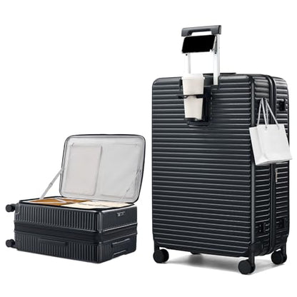 HanTrip 28 Inch Top Opening Hard Case Checked Luggage with Wheels, Black - color: Black, size: Expandable 28 Inch