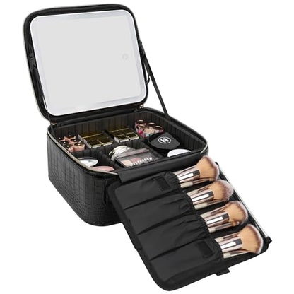 Relavel Makeup Train Case With LED Mirror, Removable Partitions Bag - color: 02-Glossy Black, size: 1-Small