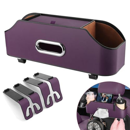 Car Seat Back Organizer with Cup Holders, Tissue Box & Hooks, Purple - color: Purple