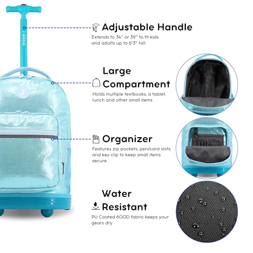 J World Sunrise Kids Rolling Backpack with Wheels for Girls Boys, Roller Bookbag for School, 18 x 13 x 9 Inches, Metallic Teal - color: Metallic Teal