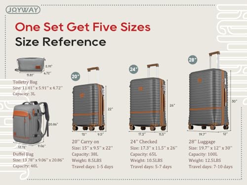 Joyway Expandable Luggage Sets 5 Piece, Lightweight Hard Shell Travel Suitcase Set with Spinner Wheels and TSA Lock (5 piece set，Grey) - color: Grey, size: 5 piece set