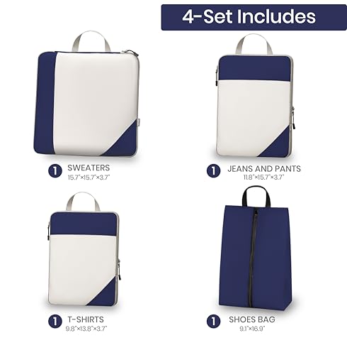 Compression Travel Packing Cubes with White Mesh, Blue, 4Pcs - color: Blue, size: Set of 4