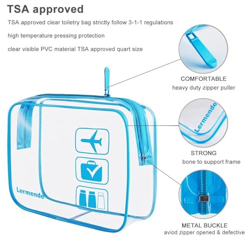 Lermende Clear Toiletry Bag TSA Approved Quart Size Travel Carry On - 2Pcs - color: Blue, size: 2 Pack