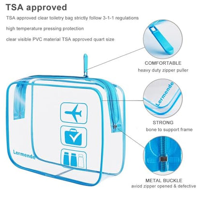 Lermende Clear Toiletry Bag TSA Approved Quart Size Travel Carry On - 2Pcs - color: Blue, size: 2 Pack