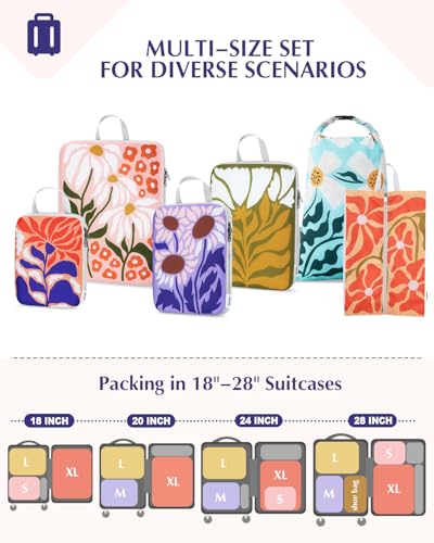 Gonex 6-Piece Compression Packing Cubes with Shoe & Laundry Bags | Floral Pattern, Ripstop Fabric, Double-Zip Compression, Carry-On Friendly, Lightweight - color: Flowers, size: 6 Set