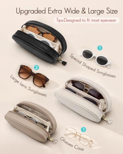 VLANDO Double Sunglasses Case,PU Leather Travel Zipper Glasses Pouch - color: Beige