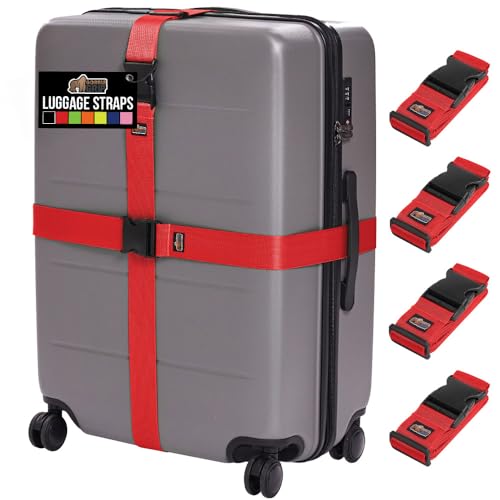 GORILLA GRIP Heavy Duty Luggage Straps for Suitcase, 4 Pack, Red - color: Red