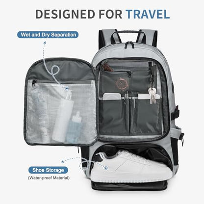 Travel Backpack with Shoe Compartment 45L TSA Carry on Fits 18.4" - color: Expandable Light Grey