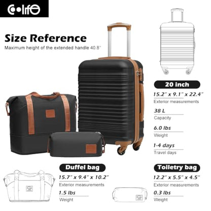 Coolife Luggage Set 3 Piece Luggage Set Carry On Suitcase Hardside Luggage with TSA Lock Spinner Wheels(Black, 3 piece set (DB/TB/20)) - color: Black, size: 3 piece set (DB/TB/20)