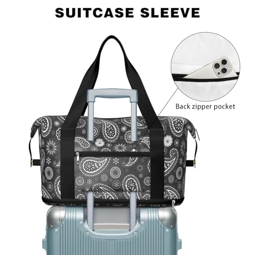 Foldable Large Travel Duffel Bags for Women - Black Gym Bag Paisely Waterproof Weekender Beach Tote Carry on Bag with Luggage Sleeve for Spirit Airlines Personal Item Bag Overnight Mom Hospital Duffle - color: Paisely05
