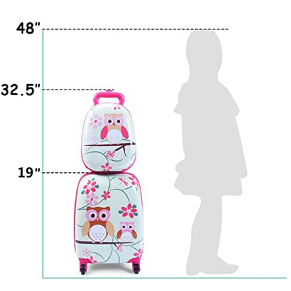 GYMAX 아동용 휴대용 수하물 세트, 30.5cm(12인치) 및 40.6cm(16인치) 롤링 슈트케이스 2개 - color: 부엉이