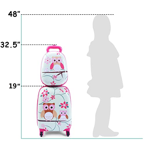GYMAX Kids Carry On Luggage Set, 12" & 16" 2PCS Rolling Suitcase - color: Owl