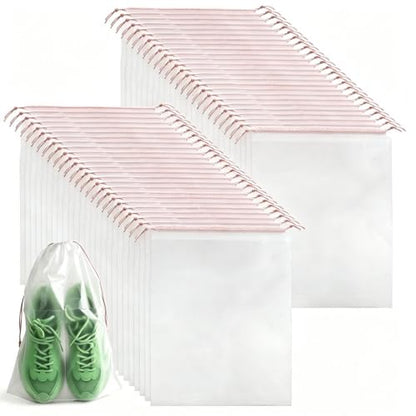 PLULON 50 Pcs Clear Shoe Bags Waterproof Drawstring for Travel Storage - color: Clear with Pink-Color String