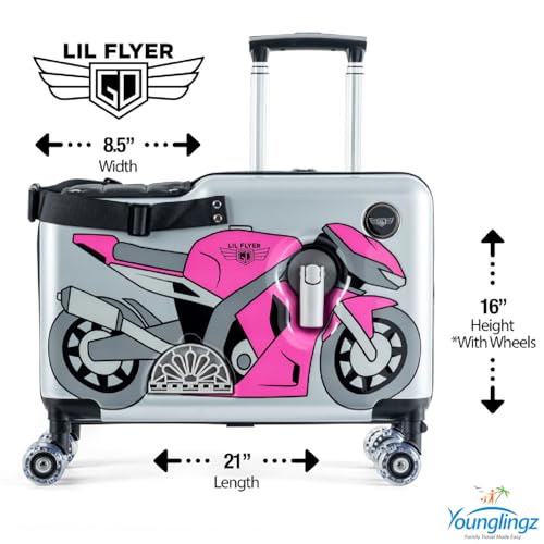 Younglingz LIL FLYER GO Version 2 Ride On Suitcase for Kids | Carry On Luggage with Toddler Seat, Foldable Handlebars, Pedals, and Removable Wheels | Holds up to 80 lbs | Pink Motorcycle | Ages 2-6 - color: Pink Motorcycle V2