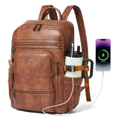 Shrrie 17 Inch Laptop Backpack for Women with Large Water Bottle Holders - color: Caramel Brown
