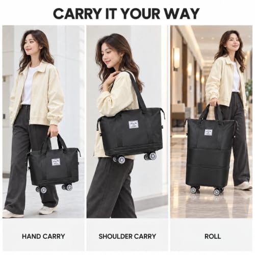 Expandable Rolling Travel Bag with Detachable Wheels,Black - color: Black