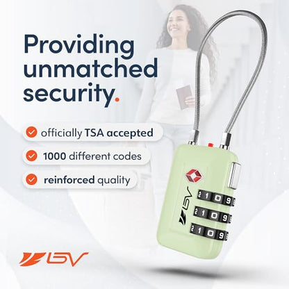 BV Luggage Locks TSA Accepted, Travel Sentry Approved 3-Digit Combination Suitcase Locks with Open Alert & Flexible Cable for Travel, Backpacks, Lockers, Cases, Mint Green, 4 Pack - color: Mint Green 4-Pack