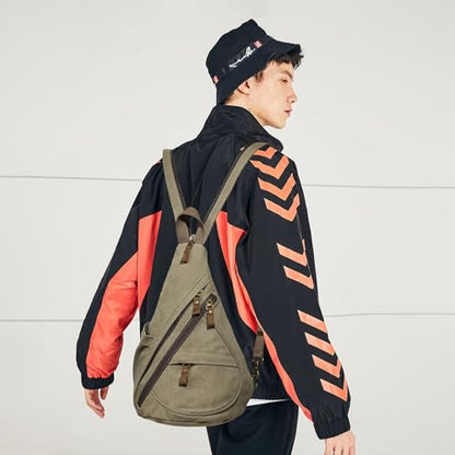 KL928 Canvas Sling Bag - Small Crossbody Backpack Shoulder Casual Daypack Rucksack for Men Women(Large Version,Olive Green) - color: Canvas-olive Green