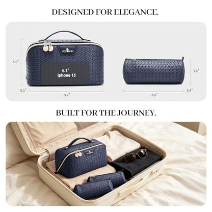 Travel Makeup Bag for Women: 3 Pcs Set Vagen Leather Cosmetic Bag - color: 02Blue