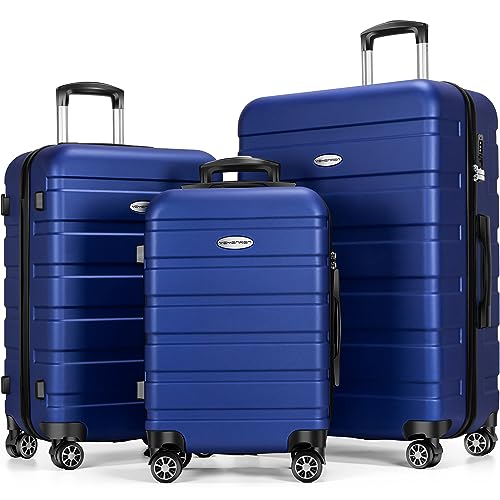 Luggage Sets Hardside Lightweight Suitcase with Spinner Wheels TSA Lock, 3-Piece Set (20/24/28) - color: NavyBlue