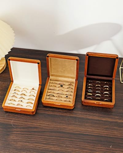 Solid Teak Wood Ring Box, Earring Holder Organizer - color: Brown Velvet, size: Small (5"L*5"W*2"H)