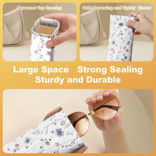 Soft Sunglasses Case for Women, PU Leather Squeeze Top Glasses Case - color: White Flowers