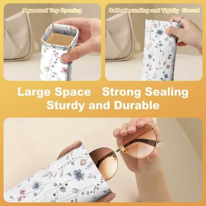 Soft Sunglasses Case for Women, PU Leather Squeeze Top Glasses Case - color: White Flowers