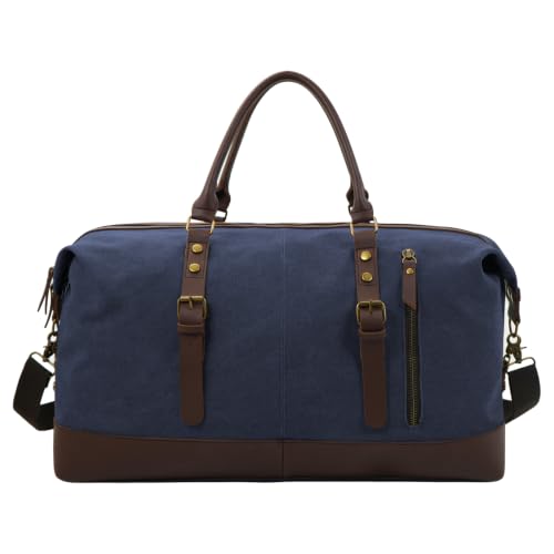 55L Canvas Duffle Bag for Men, Carry On Travel Weekender Overnight Bag - color: Blue