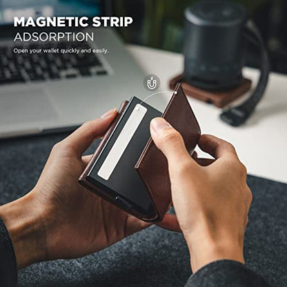 VULKIT Pop up Card Wallet Minimalist Cash Wallets RFID Blocking Leather Smart Credit Card Holder with ID window for Men (Espresso) - color: Espresso