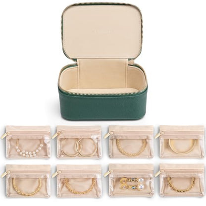 VLANDO Travel Jewelry Box with 8 Clear Velvet Zipper Pouches,Green - color: C.8 PCS Green