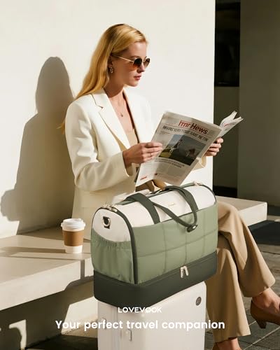 LOVEVOOK Garment Bags for Travel,Convertible Garment Bag for Women with Shoe Pouch,Carry on Duffel Bag with Toiletry Bag, 2 in 1 Hanging Suitcase Suit Bag,Waterproof Weekender Bags for Business Trip - color: Beige-Bean Green-Dark green