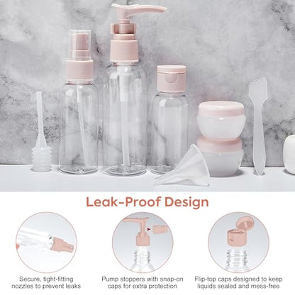 8 PACK Portable Travel Refillable Bottles Set – Transparent Plastic Spray and Cream Containers for Lotion, Shampoo, Skincare, and Toiletries