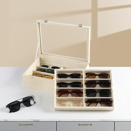 Frebeauty 16-Slot Sunglass Organizer Box,2 Layer Velvet Sunglasses Holder - color: Beige
