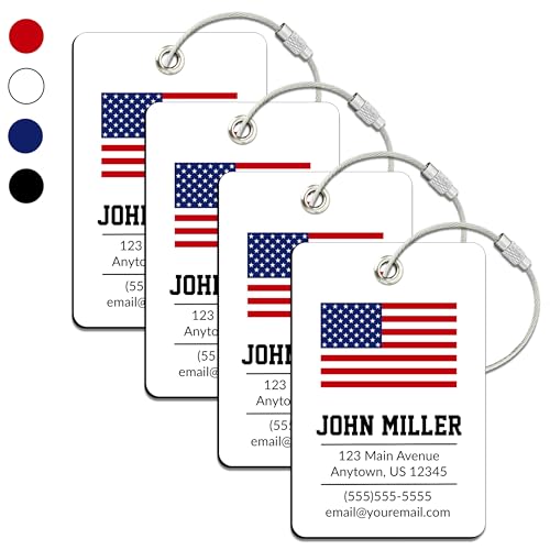 Personalized Luggage Tag with American Flag | 4 Pack | Custom Luggage Tags for Suitcases | Kids Backpack Tag | 4 Color Options & Choose Font, Font Color - color: White, size: 4 pack - Large
