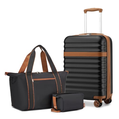 Kono 3-Piece Set 20in Expandable Carry-On Hardshell TSA Lock Black - color: Black/Brown, size: Carry-on travel set (db/tb/20")