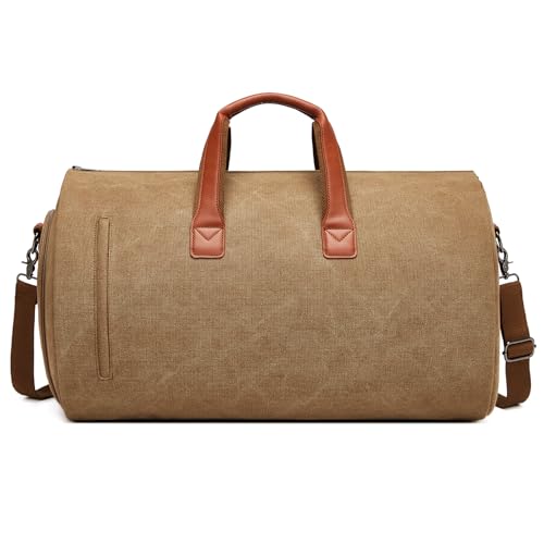 PU Leather Garment Bag, Convertible Garment Duffel Bag for Travel Mens Suit Bag 2 in 1 Waterproof Foldable Carry on Garment Bag with Shoulder Strap Weekender Bag with Shoe Pouch - color: C-Brown