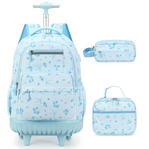 ACESAK Rolling Backpack for Girls with Lunch Bag & Pencil Pouch - color: Blue Bow