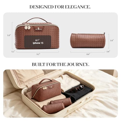 Travel Makeup Bag for Women: 3 Pcs Set Vagen Leather Cosmetic Bag - color: 07Brown