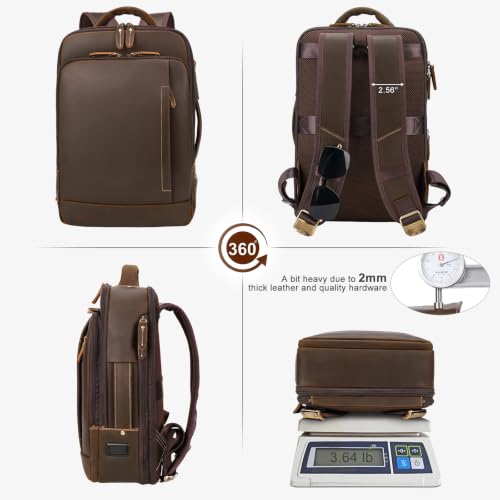 TIDING Full Grain Leather Expandable 15.6" Laptop Backpack for Men - color: Dark Brown