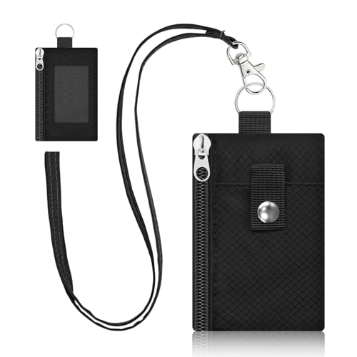 Small Neck Wallet, Water Resistant Lightweight Badge Holder with ID Window & Lanyard, Versatile Nylon Zipper Neck Pouch for Men Women Cash Cards Keys, Black