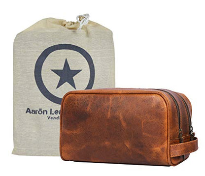 Aaron Leather Goods Leather Toiletry Bag for Men and Women Brown 10.5 Inch (Caramel) - color: Caramel
