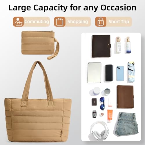 Axcone Puffer Tote Bag for Women Lightweight Quilted Work with Multi-Pockets, Laptop Compartment and Makeup Pouch Gift - color: Khaki