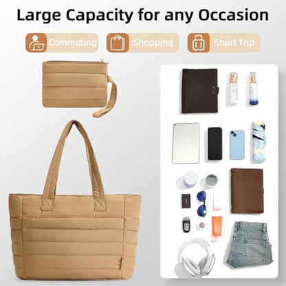 Axcone Puffer Tote Bag for Women Lightweight Quilted Work with Multi-Pockets, Laptop Compartment and Makeup Pouch Gift - color: Khaki