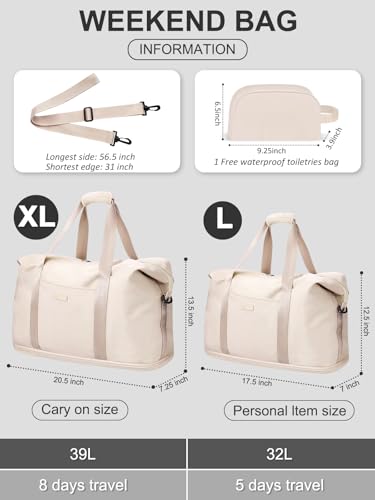 Capolo Expandable Travel Duffle Bag Weekender Overnight Bags for Women Men - color: Off-white, size: Large
