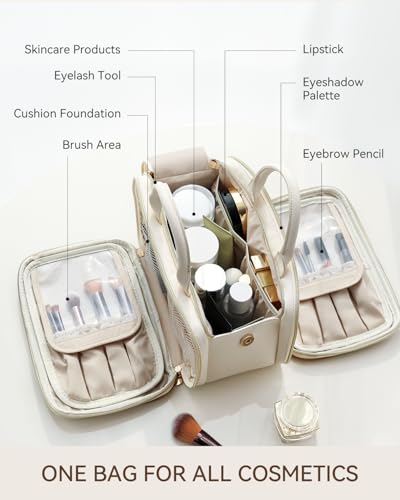 Prite Large Makeup Bag, Waterproof Travel Cosmetic Case with Brush Holder - color: Beige, size: Medium