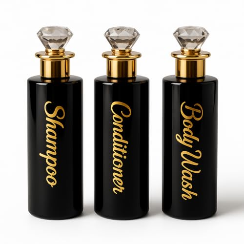 Shampoo and Conditioner Dispenser - Essentials Toiletry Bottles - Shower Refillable Shampoo and Body Wash Soap Pump Bottle – 3X 3oz TSA-Approved Travel Size Containers - Black Crytsal Round - color: Black Crystal Round, size: Small