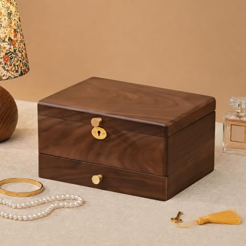 Black Walnut Lockable Jewelry Box, 3 Layer Wooden Organizer Case for Women - color: 3 Layer Full Lock